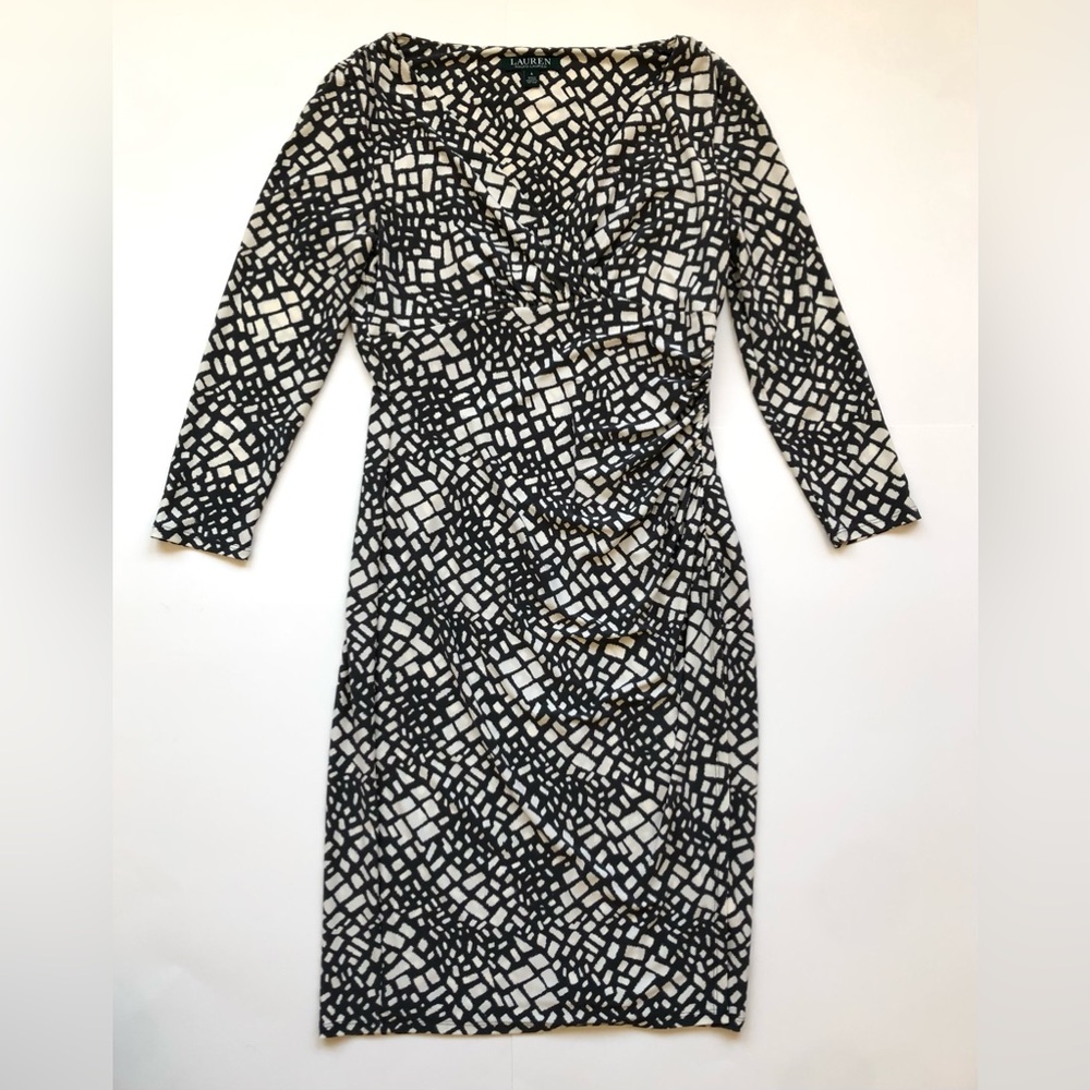 Lauren Ralph Lauren Womens Faux Wrap Dress Size 4 Gray & White 3/4 Sleeve